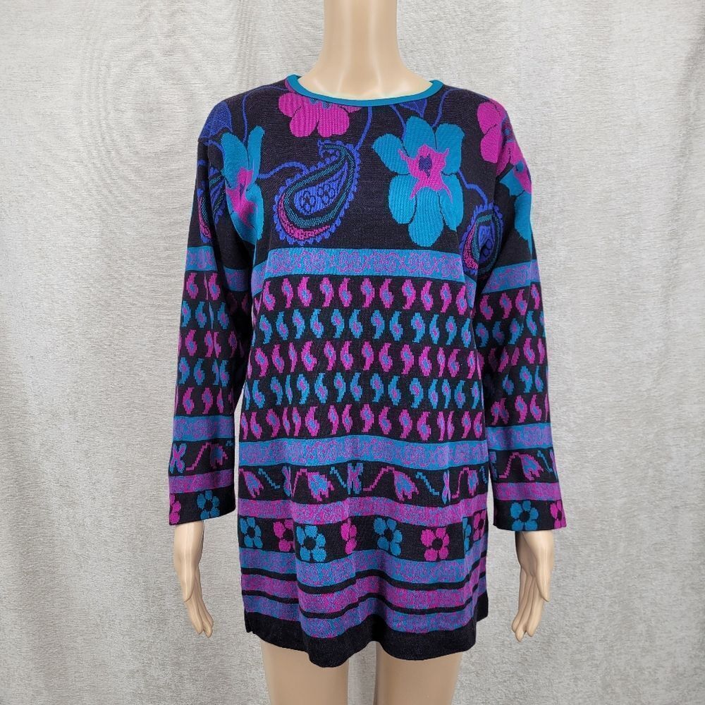 Cape Cod Vintage 80s Black Purple Teal  Floral Paisley Patterned Knit Sweater